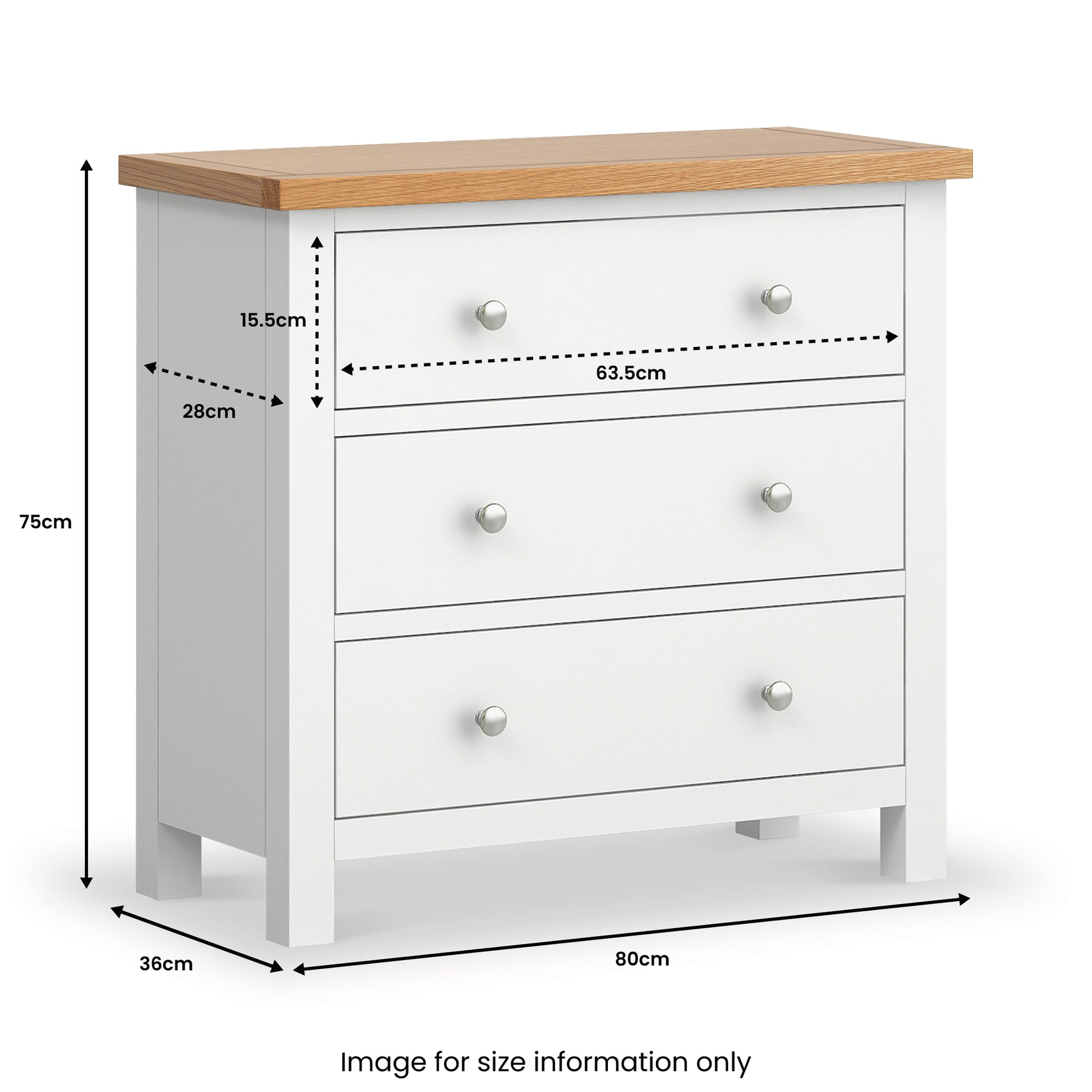 A white three-drawer chest with a wooden top, annotated with dimensions: 75cm high, 80cm wide, 36cm deep. The drawers are marked at 15.5cm and 63.5cm wide. Text: "Image for size information only".
