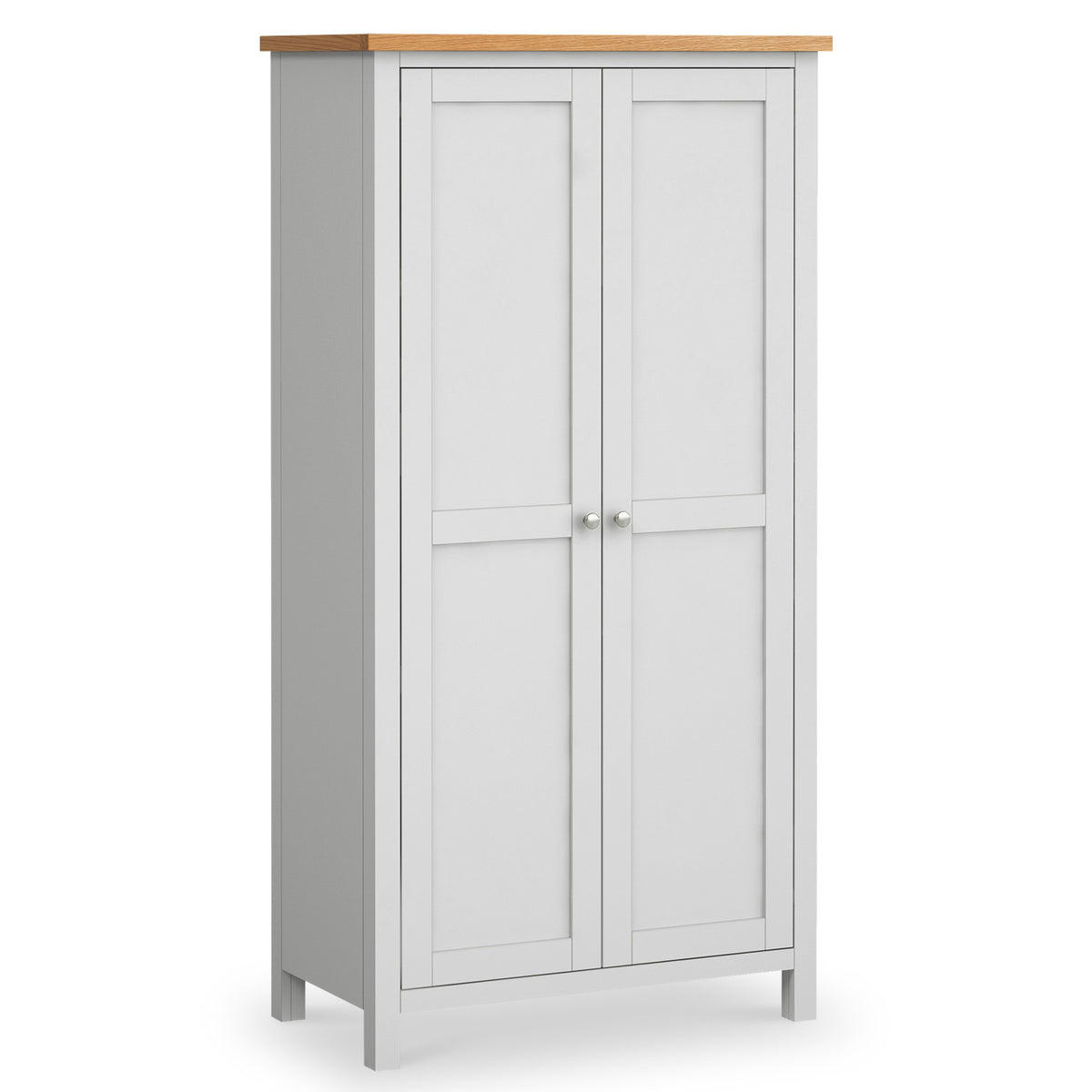 A gray wooden wardrobe with double doors and a natural wood top, standing against a white background.