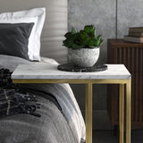 Speckled pot with a succulent on a marble-top side table, adjacent to a gray sofa in a cozy, contemporary room.