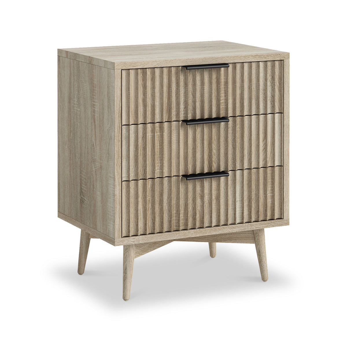 Jakob Oak 3 Drawer Grooved Bedside from Roseland Furniture