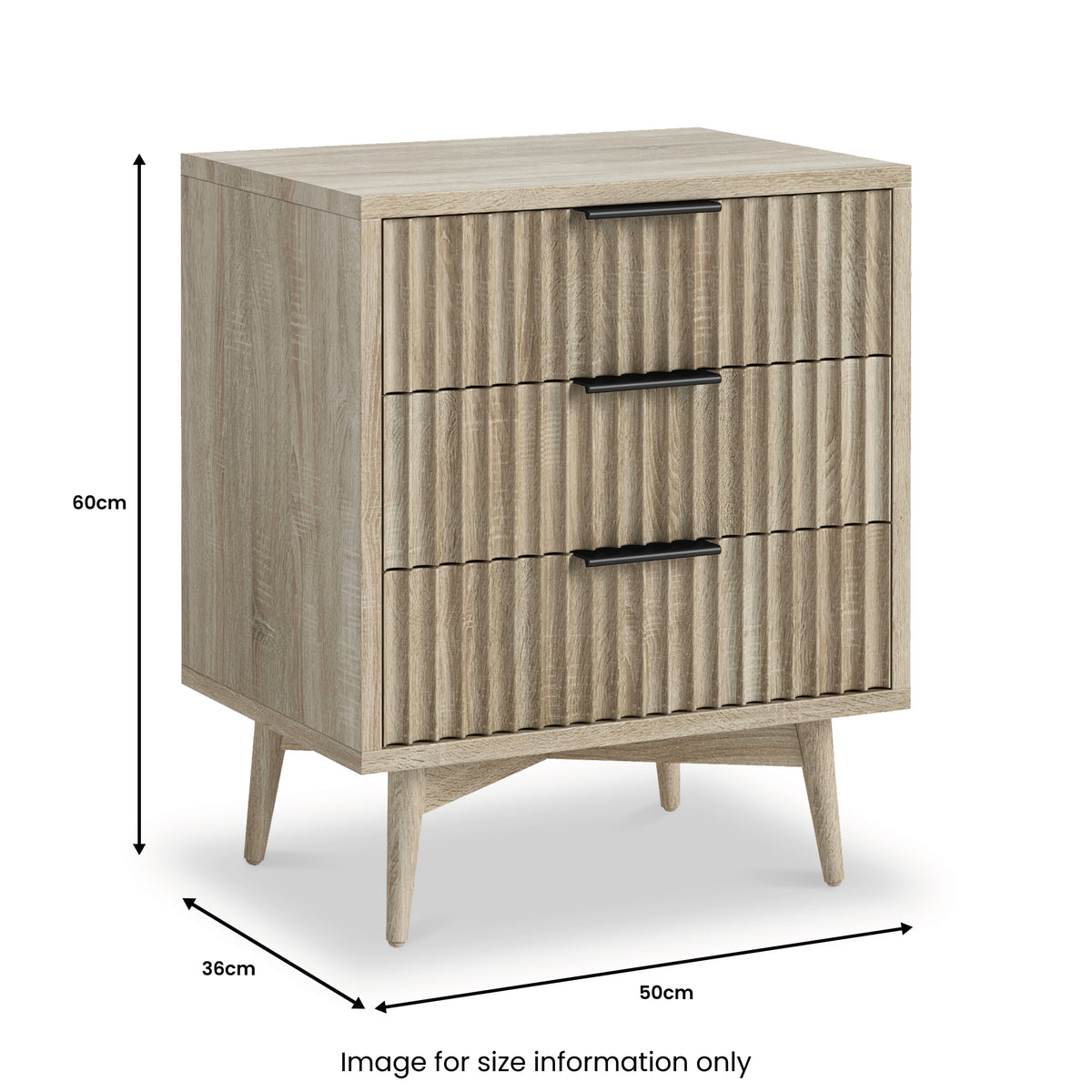 Jakob Oak 3 Drawer Grooved Bedside dimensions