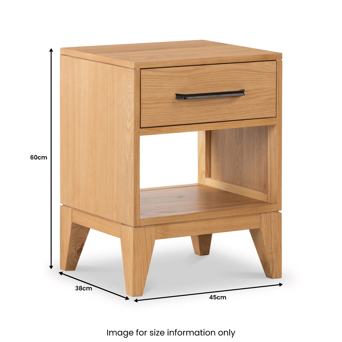 Sunburst Oak 1 Drawer Open Shelf Bedside Table dimensions