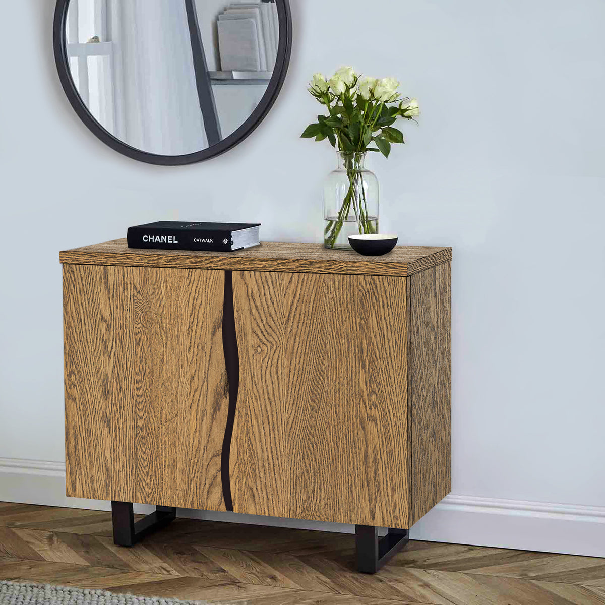 Isaac Oak Small Sideboard Cabinet w/ Industrial Metal Legs | Roseland