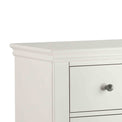 close up of the cornised top on the Melrose White 3 over 4 Chest of Drawers