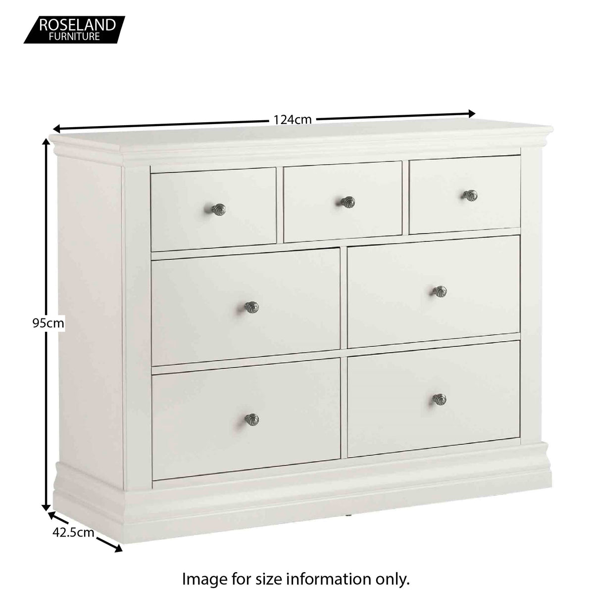 Dimensions for the Melrose White 3 over 4 Chest of Drawers from Roseland Furniture
