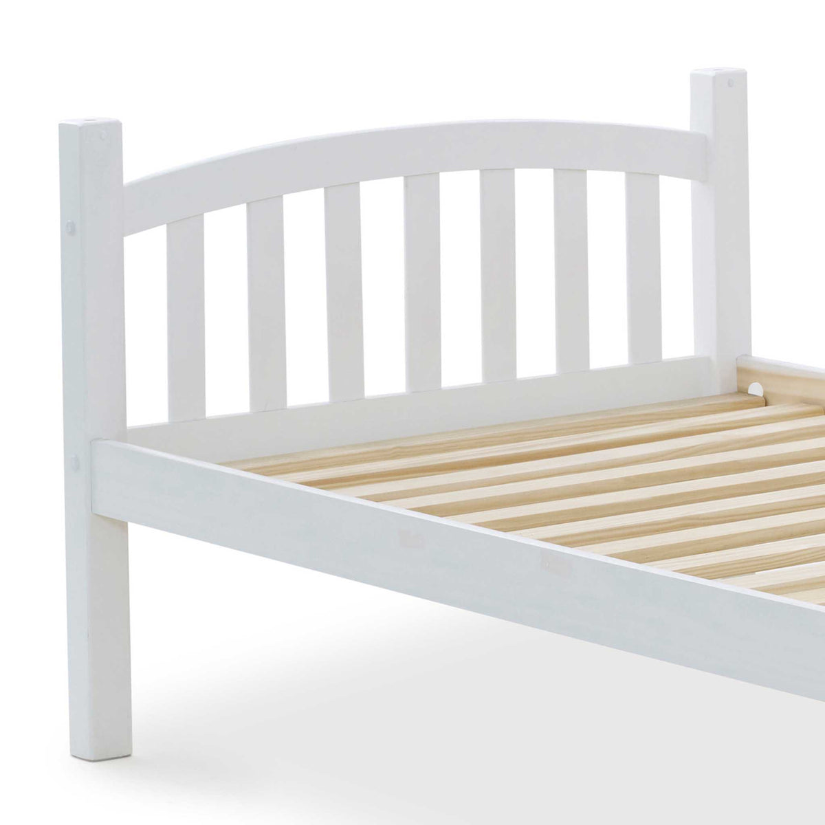 close up of the curved slatted headboard on the Liberty White Detachable Bunk Beds