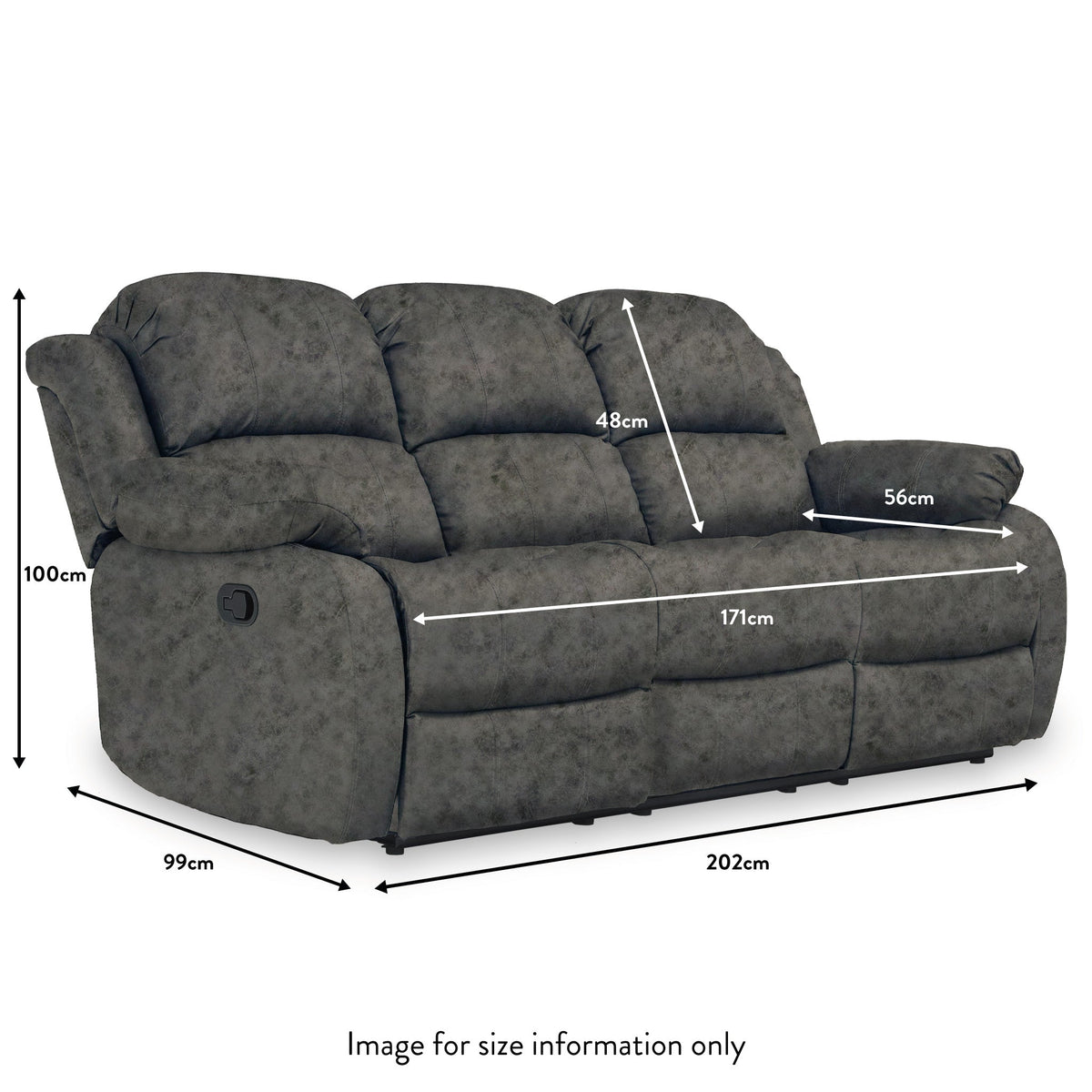 Anton Charcoal Zonica Leather Reclining 3 Seater Sofa dimensions
