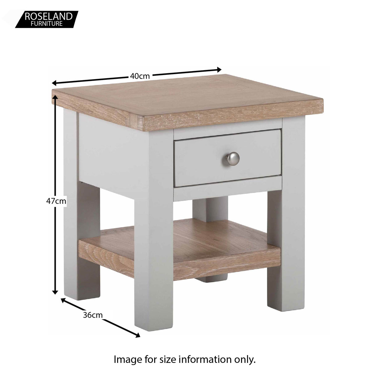 Dimensions for Charlestown Grey Lamp Table with Oak Top from Roseland Furniture