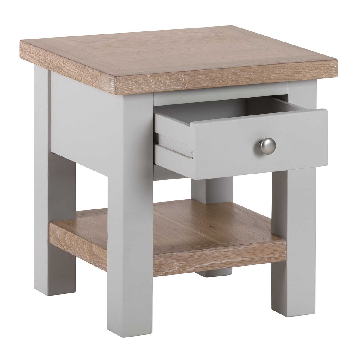 Opened drawer view of Charlestown Grey Lamp Table with Oak Top from Roseland Furniture