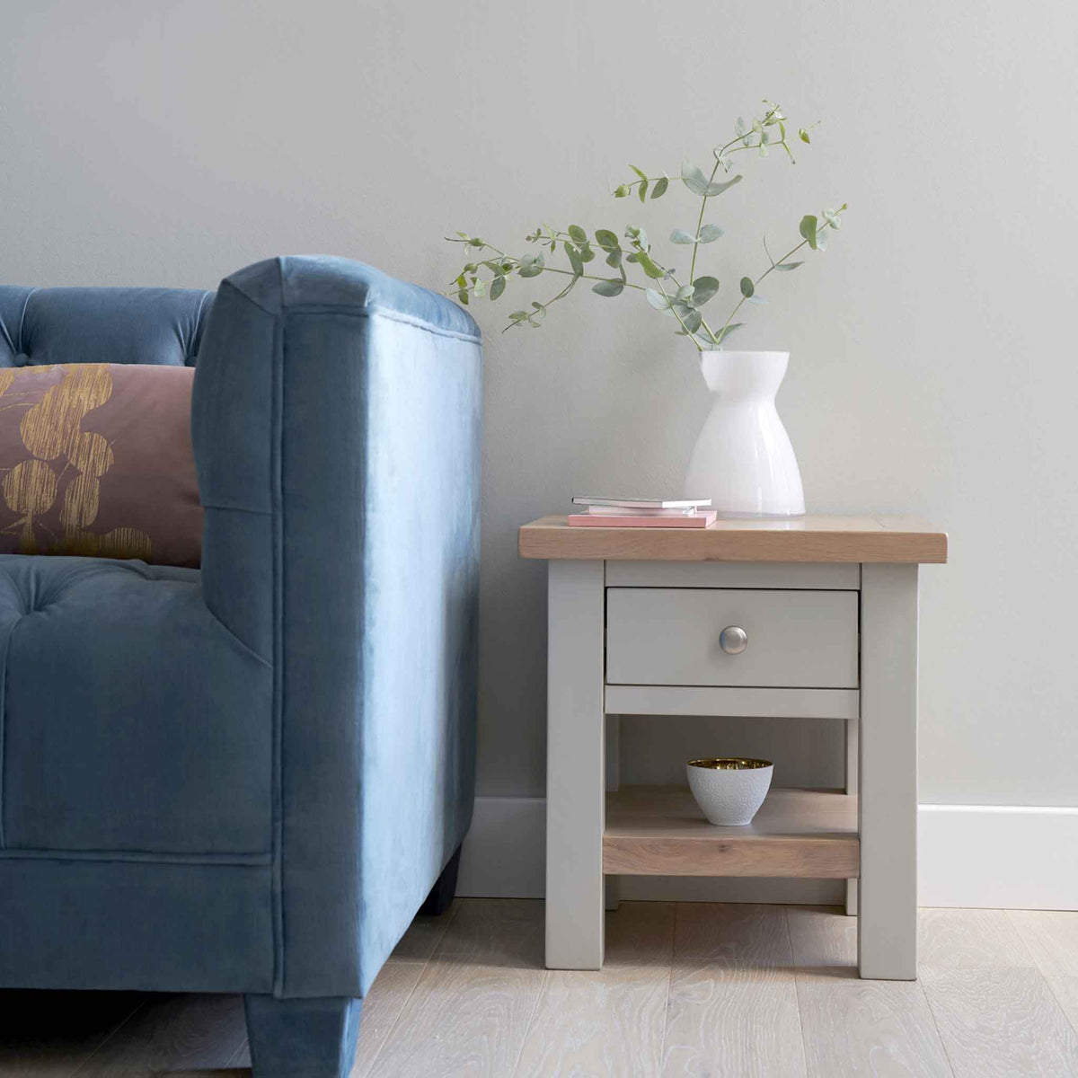 Close up lifestyle image of Charlestown Grey Lamp Table with Oak Top from Roseland Furniture