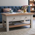 Close up lifestyle image of Charlestown Grey Coffee Table with 2 Drawers from Roseland Furniture