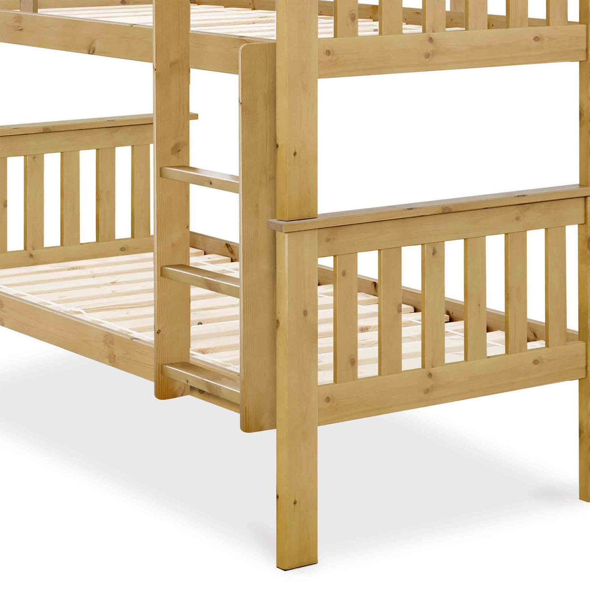 close up of the wooden frame on the Carlson Pine Detachable Single Bunk Beds from Roseland Furniture