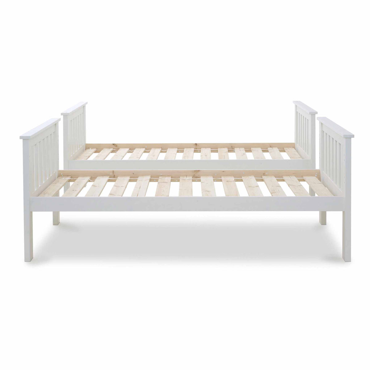 pair of single beds with pine slats from the Carlson White Detachable Single Bunk Beds