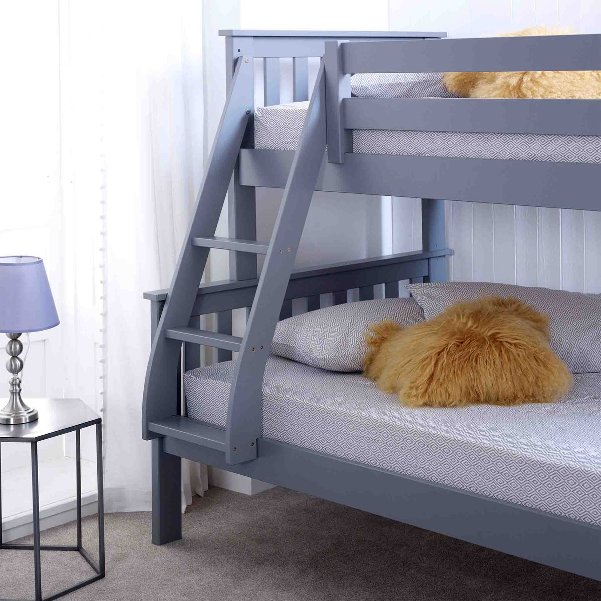 close up of ladder on the Carlson Grey Triple Sleeper Bunk Bed