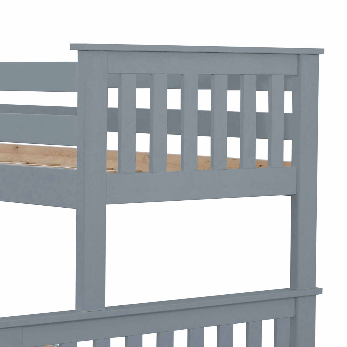 close up of slatted footboard on the Carlson Grey Triple Sleeper Bunk Bed
