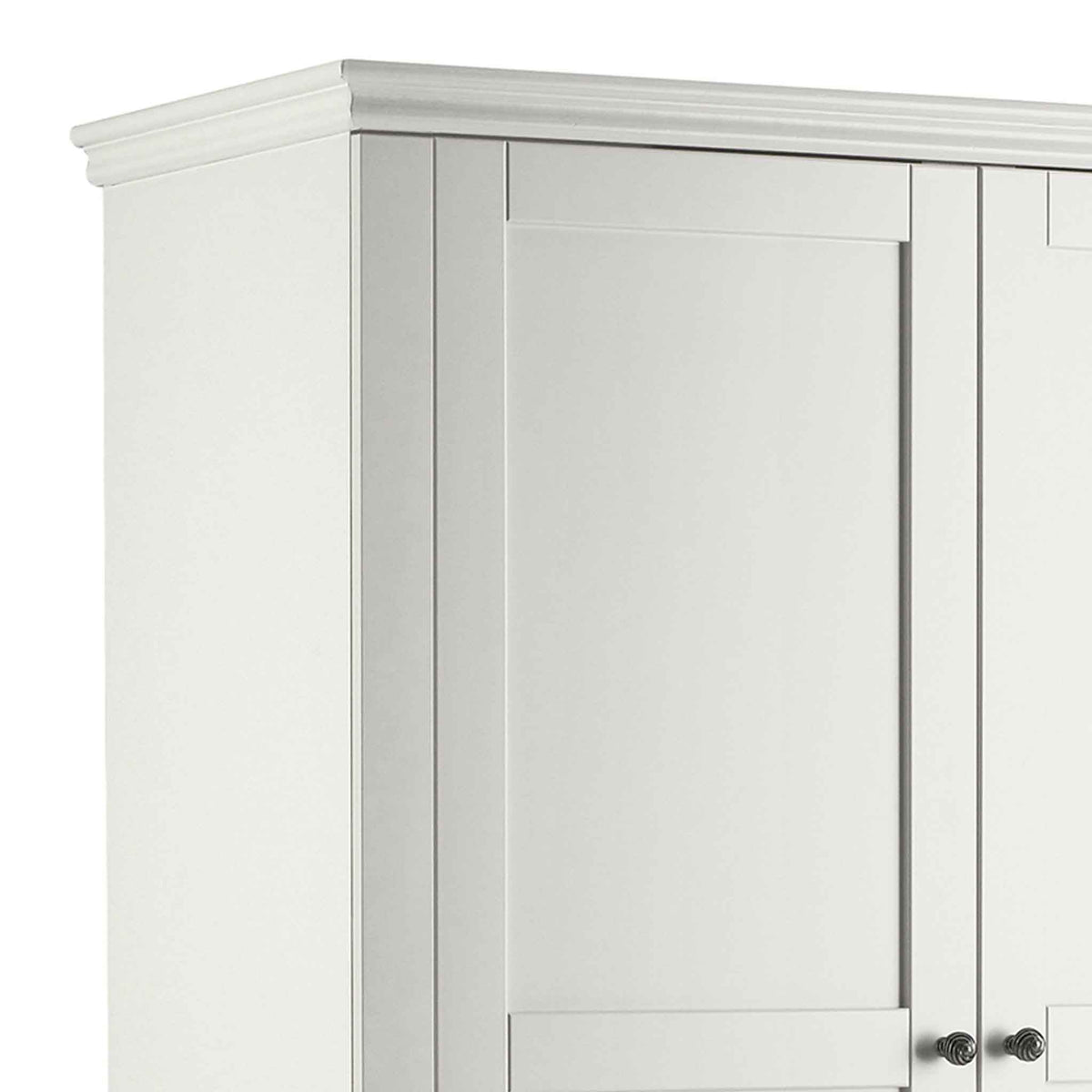 close up of cornices top on the Melrose White Double Wardrobe with Drawers