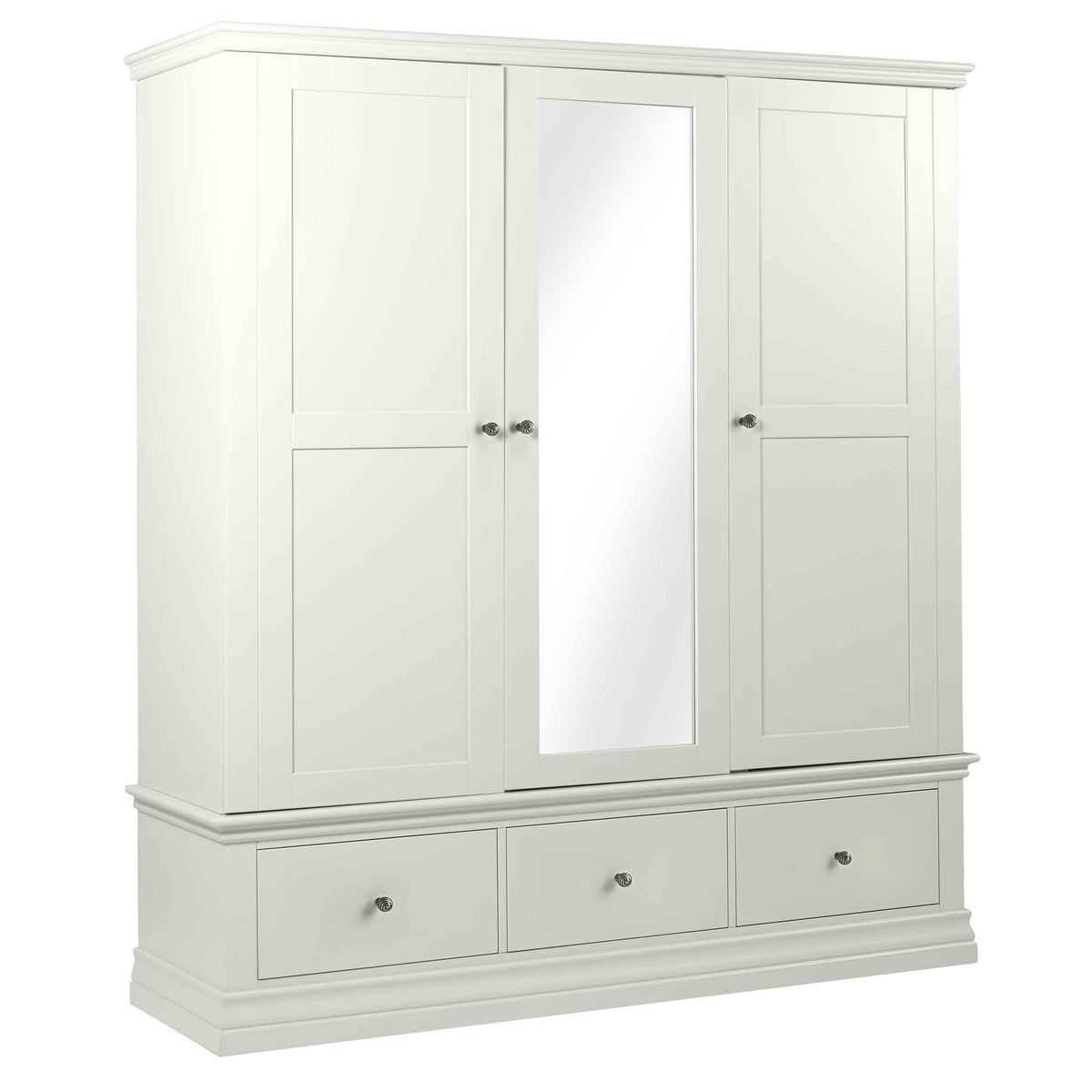 Melrose White Triple Wardrobe with Mirror and Drawers from Roseland Furniture
