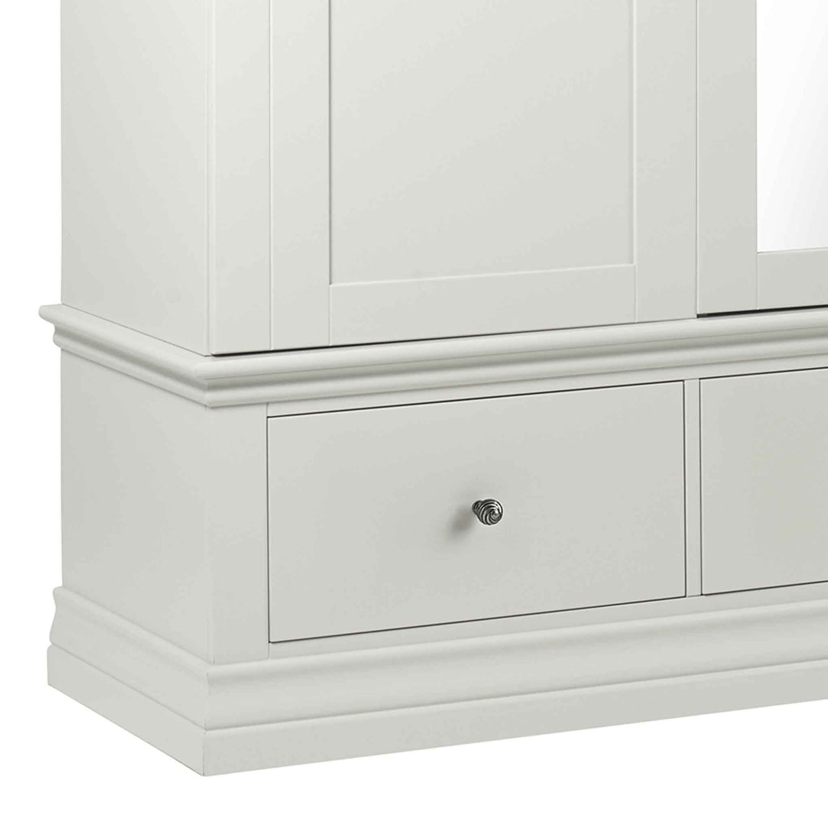 close up of drawer on the Melrose White Triple Wardrobe
