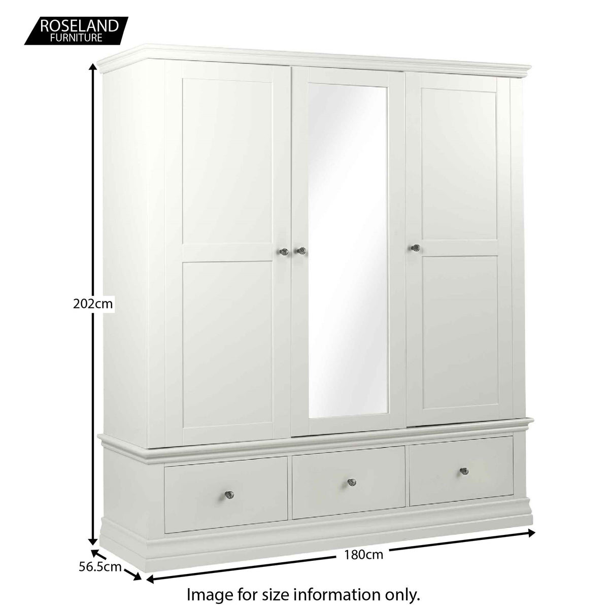Dimensions for the Melrose White Triple Wardrobe with Mirror and Drawers from Roseland Furniture