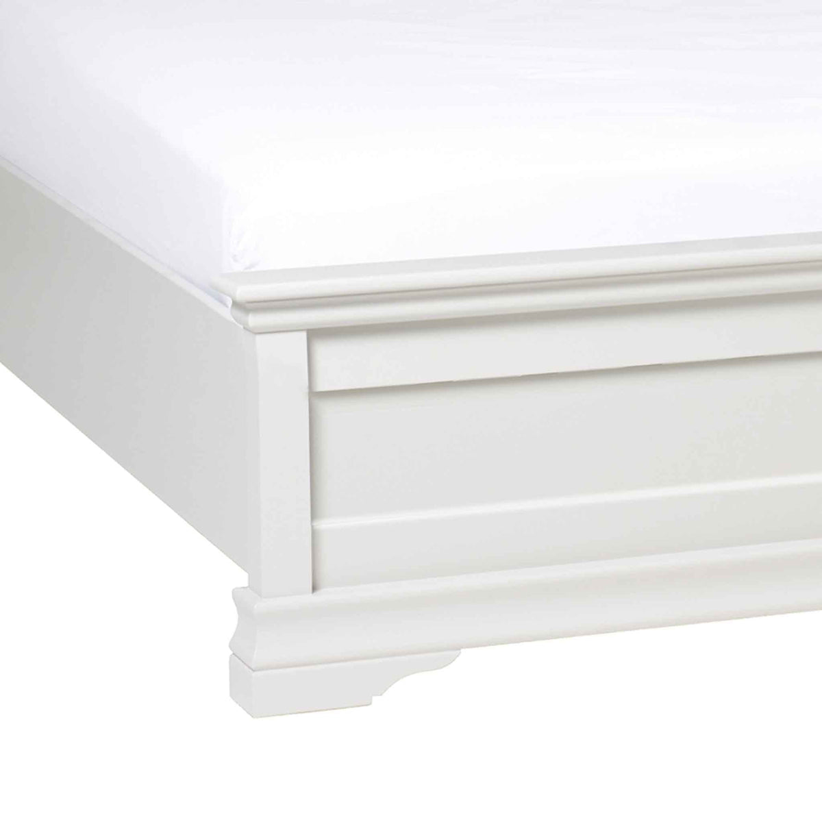 close up of the low footboard on the Melrose White 4ft6 Double Bed Frame from Roseland Furniture