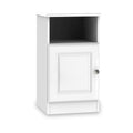 A white bedside cabinet with an open shelf on top and a closed door with a knob below, isolated on a white background.
