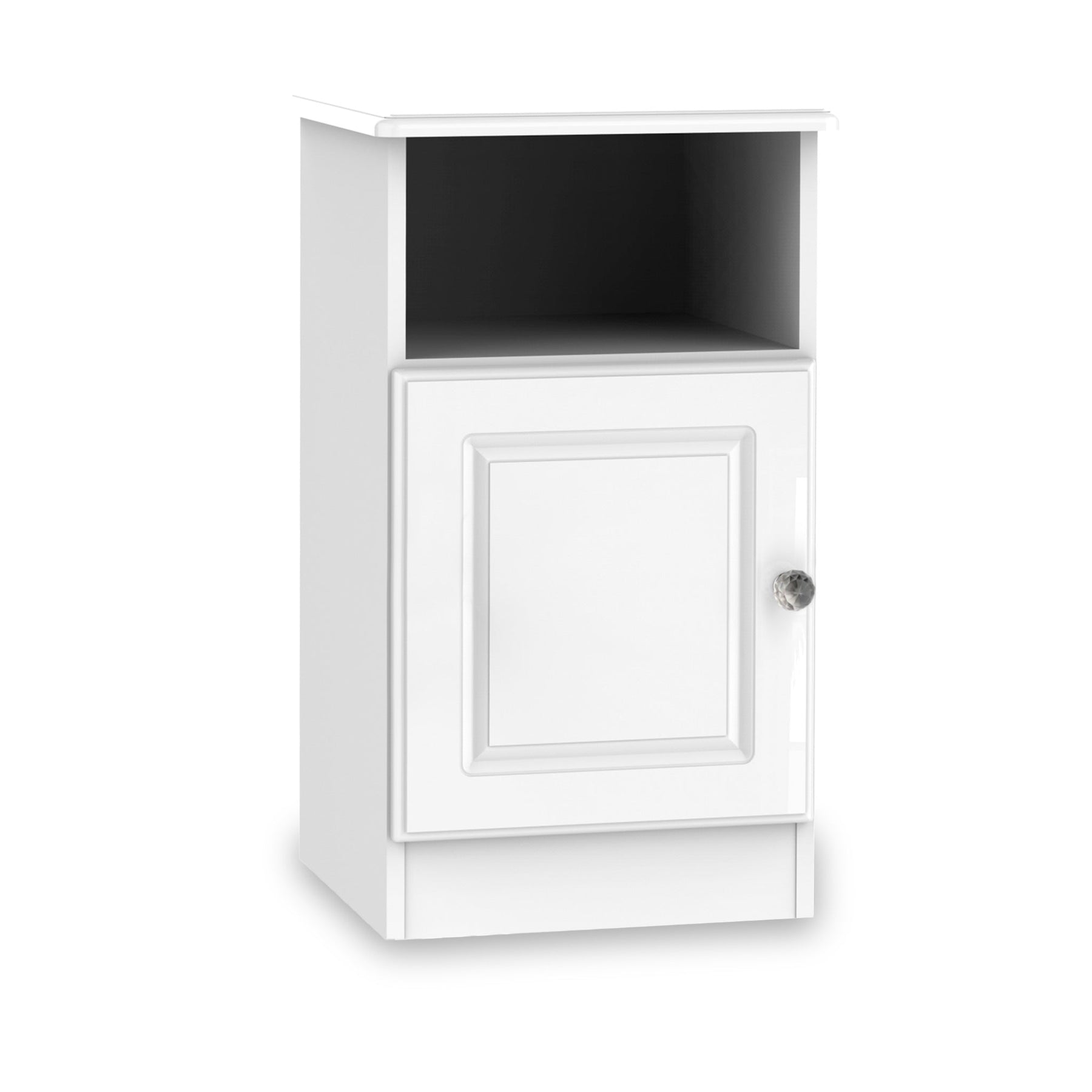 A white bedside cabinet with an open shelf on top and a closed door with a knob below, isolated on a white background.
