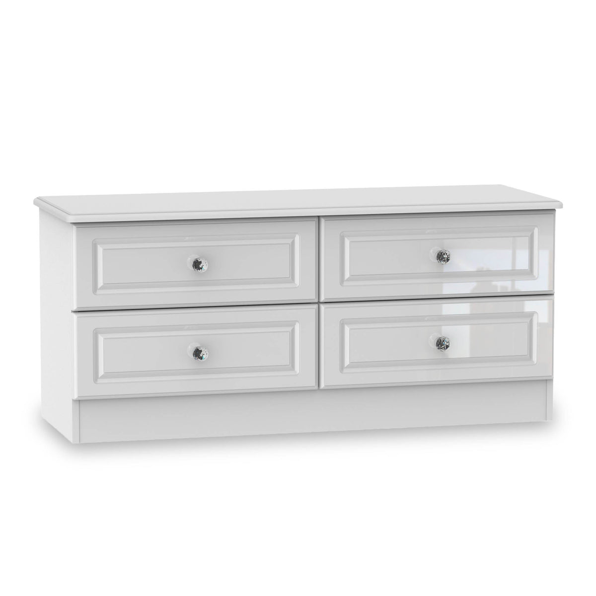A white, low-profile TV stand with two shelves and four drawers, adorned with glass knobs, positioned against a white background.