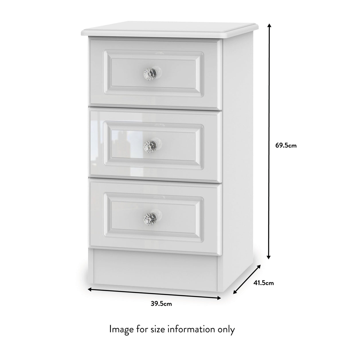 Kinsley White Gloss Wireless Charging 3 Drawer Bedside from Roseland size