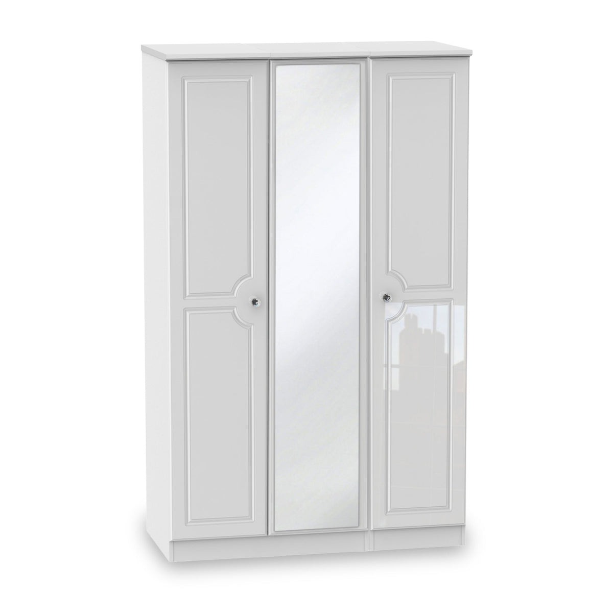 A white three-door wardrobe with a central mirrored panel stands isolated against a plain background.