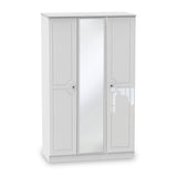 A white three-door wardrobe with a central mirrored panel stands isolated against a plain background.