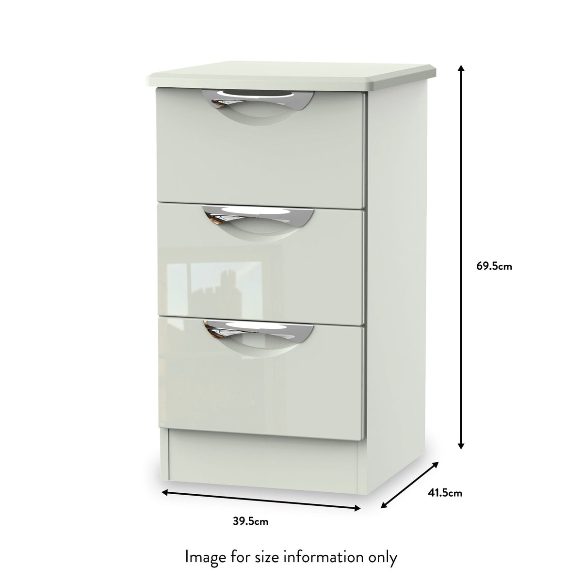 Beckett Cream Gloss 3 Drawer Bedside Cabinet size from Roseland
