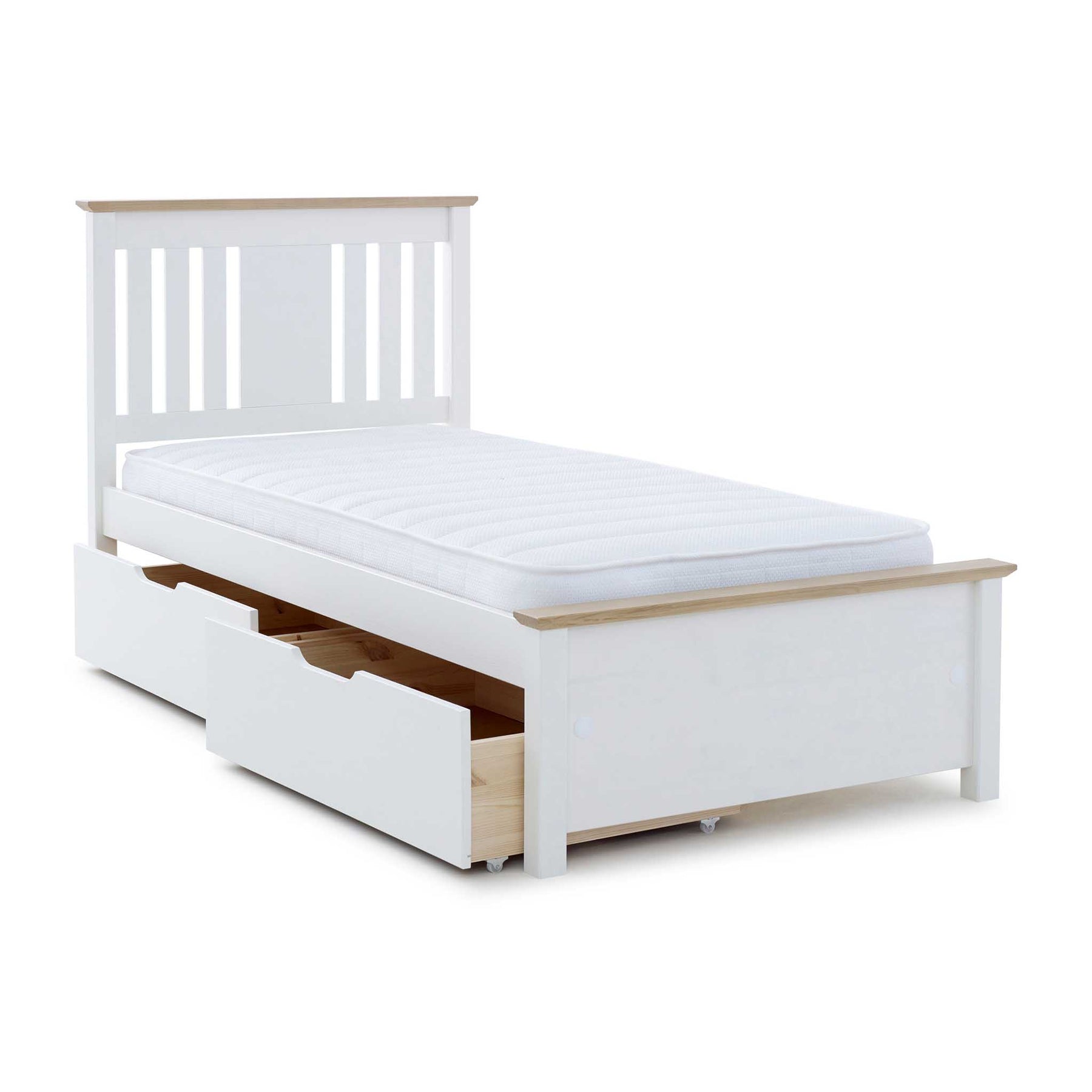 A single white bed with a mattress is shown against a plain background, featuring an under-bed storage drawer partly open, revealing wooden content.