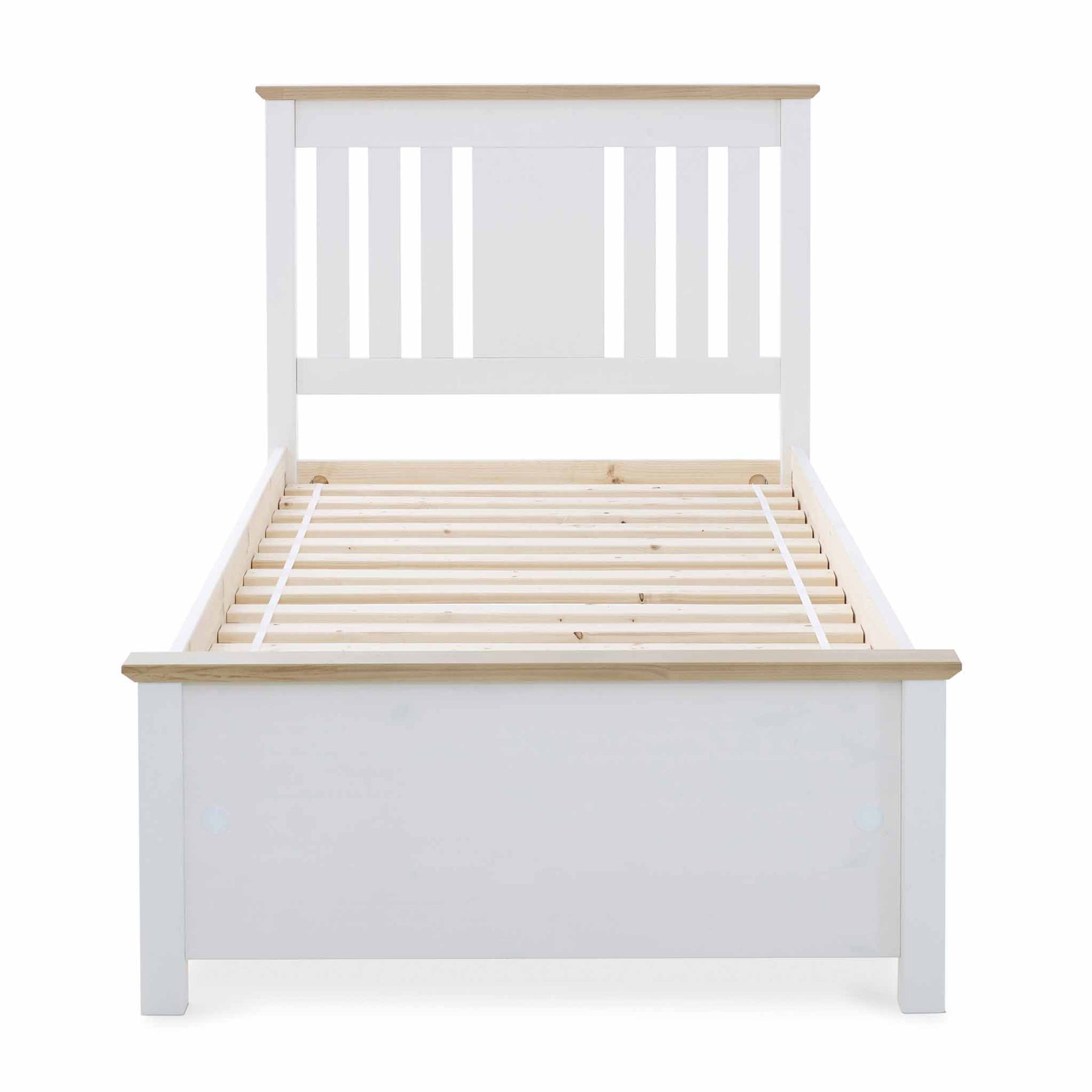 A white wooden bed frame with slatted base, no mattress, stands isolated against a white background.