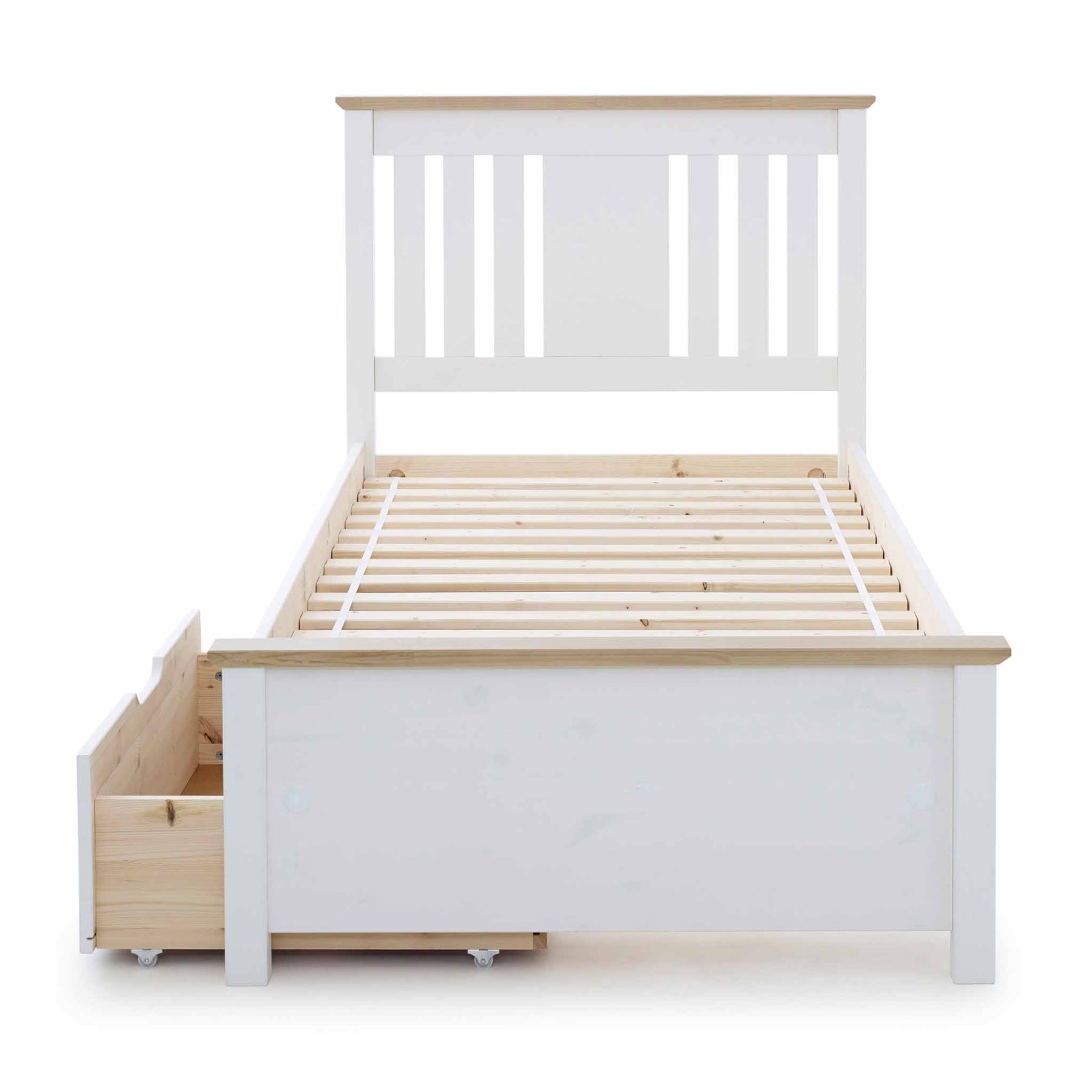 A white wooden bed frame with a slated base and an under-bed storage drawer, isolated on a white background.