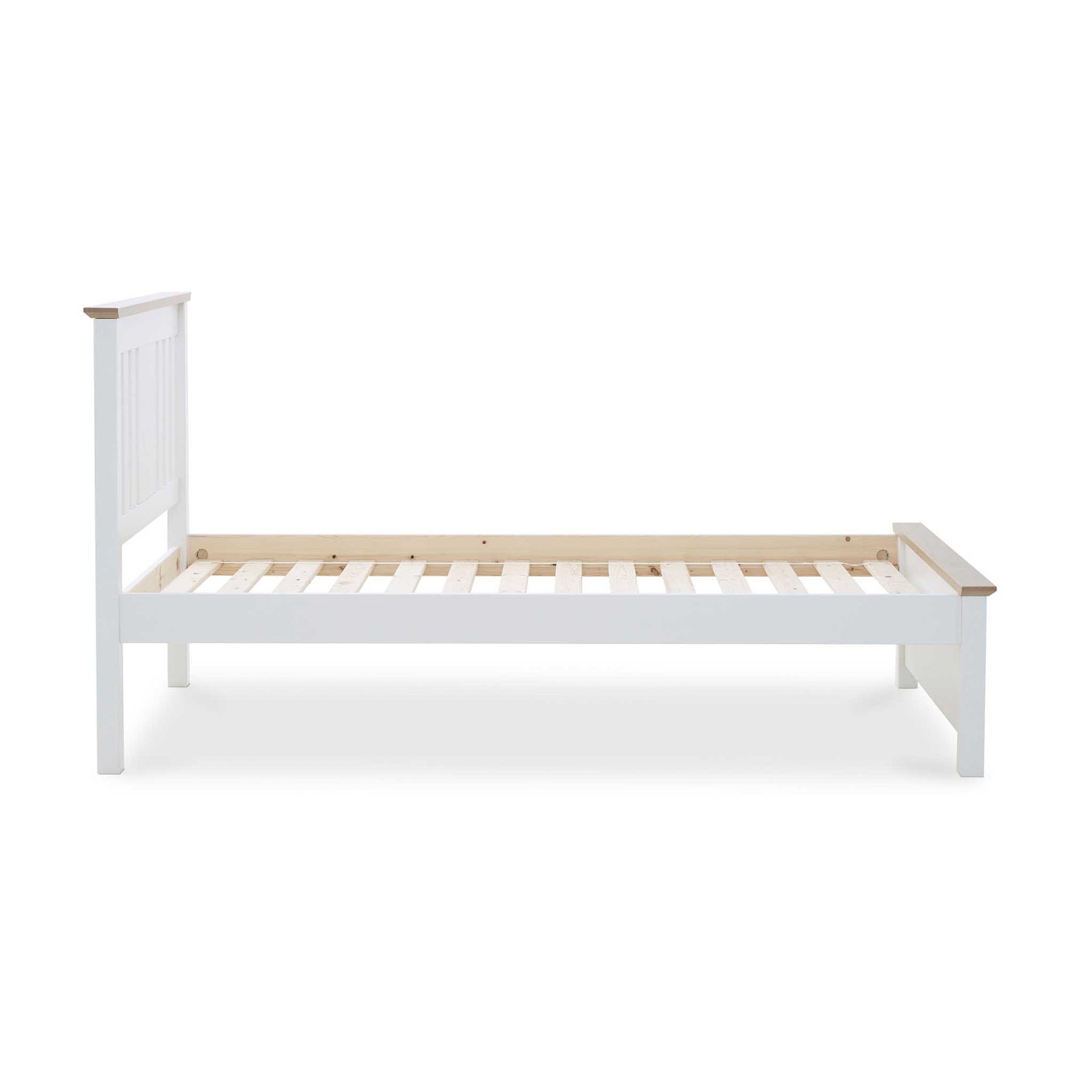 A white wooden single bed frame with a slatted base, standing idle, against an isolated background.