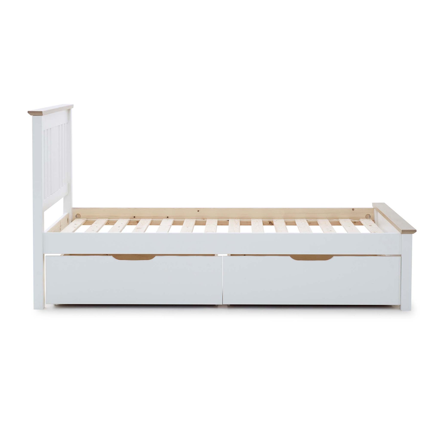 A white daybed with a backrest, side rail, and two under-bed storage drawers sits against an isolated background.