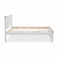 A white, single-sized bed frame with wooden slats, displayed against a plain white background. No visible action.