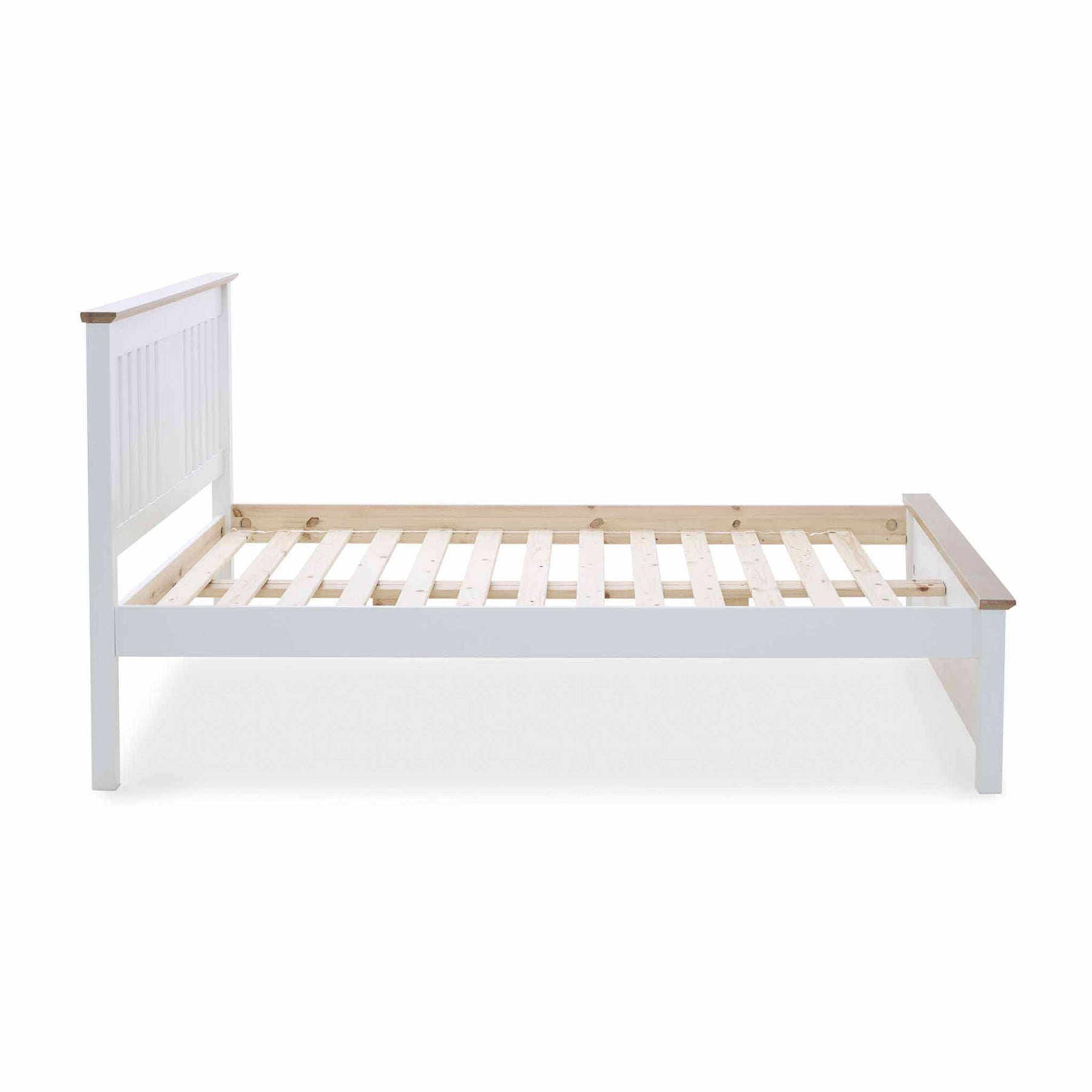 A white, single-sized bed frame with wooden slats, displayed against a plain white background. No visible action.