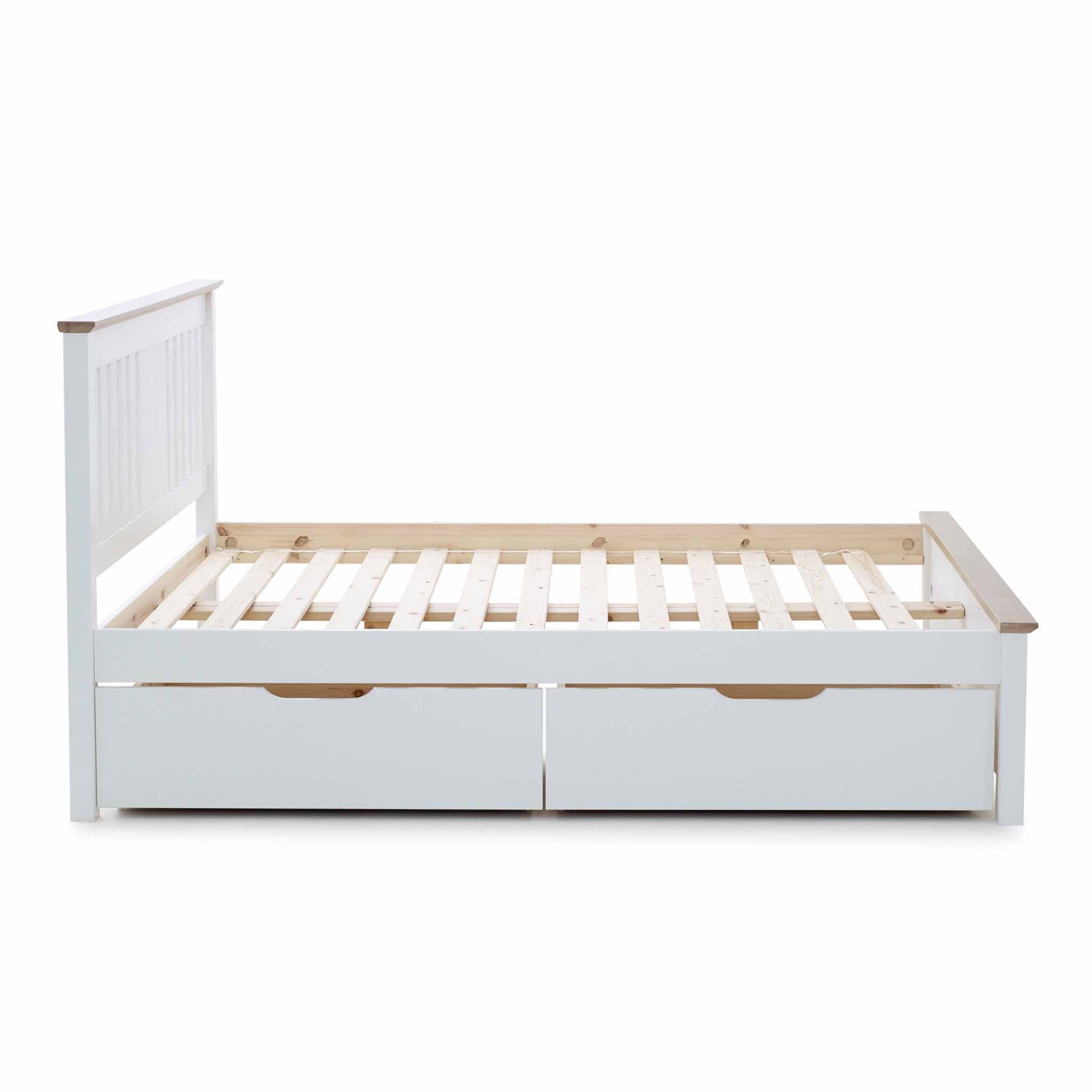A white single bed frame with an elevated headboard and two under-bed storage drawers, against a pure white background.
