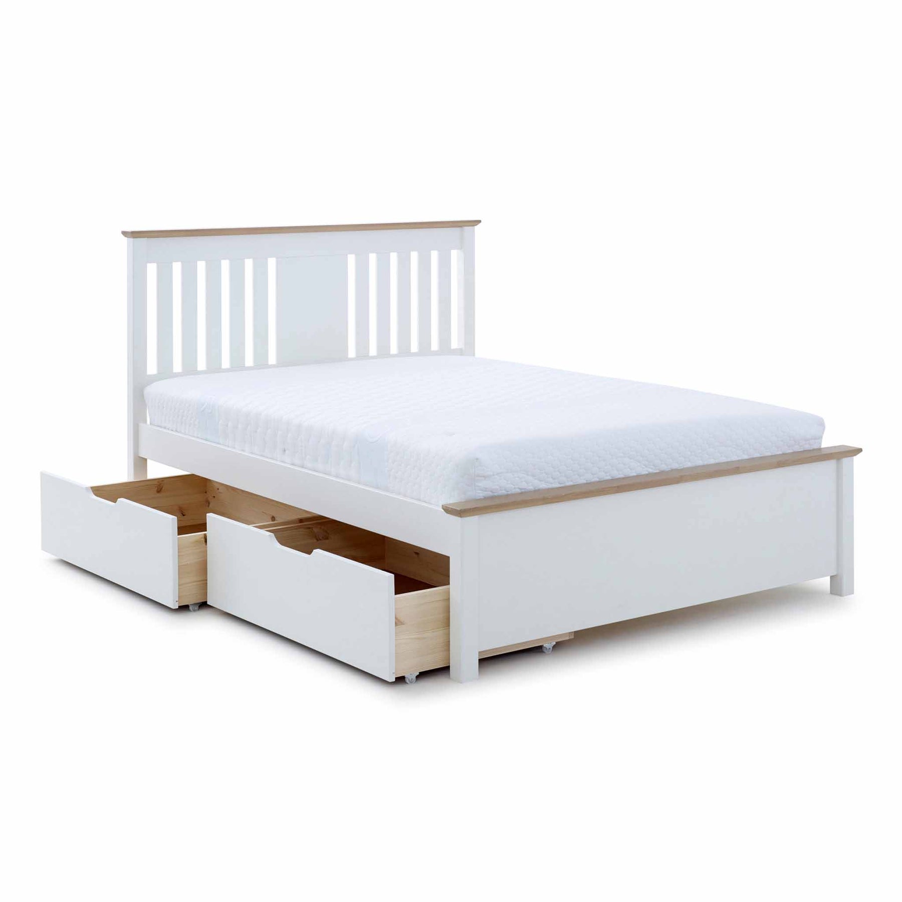White wooden bed with two pull-out underbed storage drawers on one side, set against a white background.