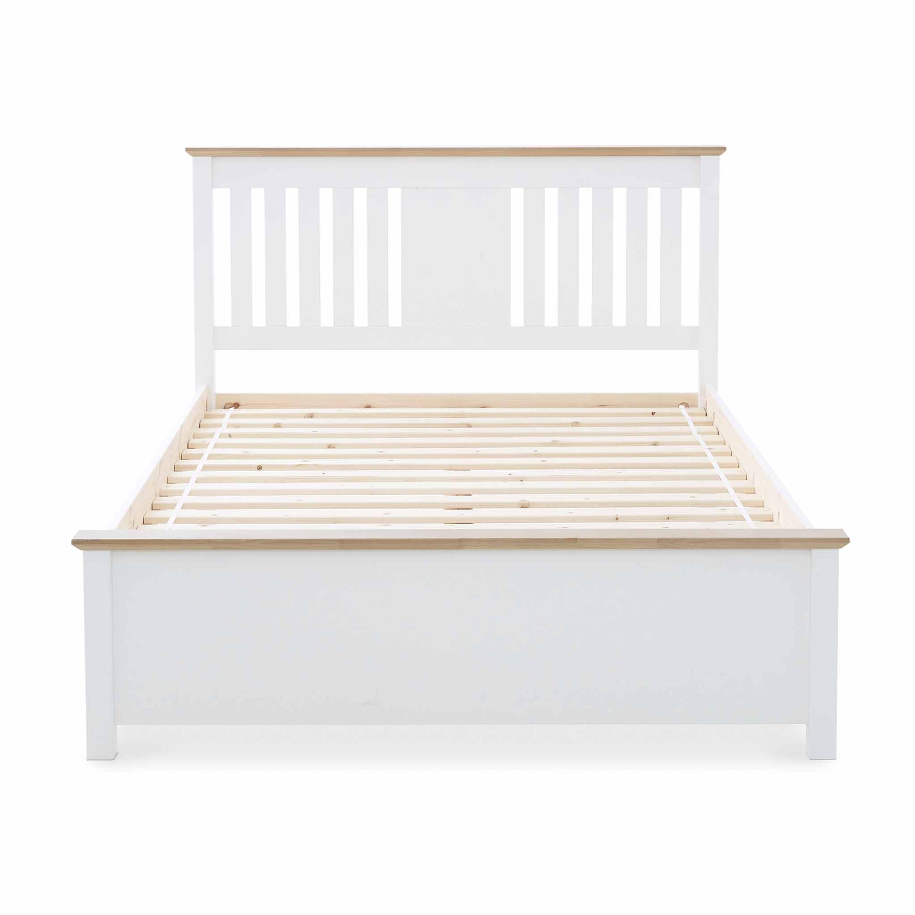 A white wooden double bed frame with slatted base, displayed against a plain white background.