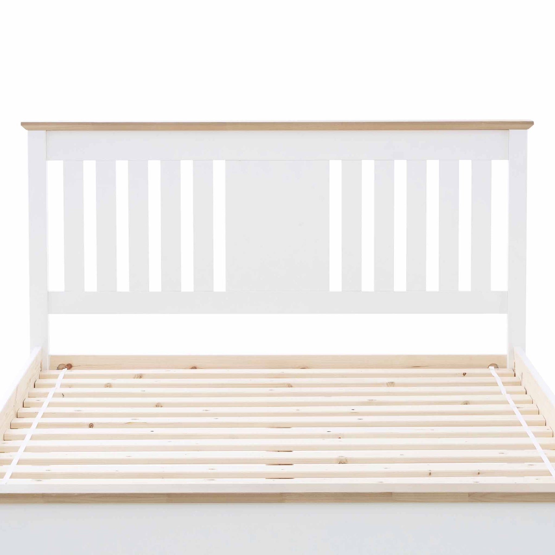 A white wooden bed frame with a slatted base, isolated against a white background.