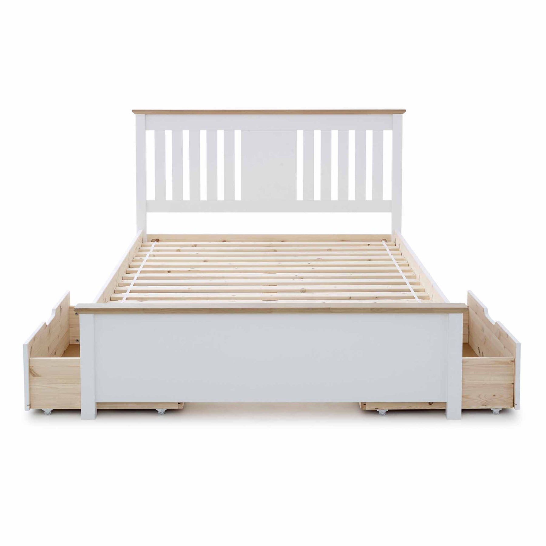 A white wooden bed frame with a slatted base and a headboard, featuring under-bed storage drawers, isolated on a white background.