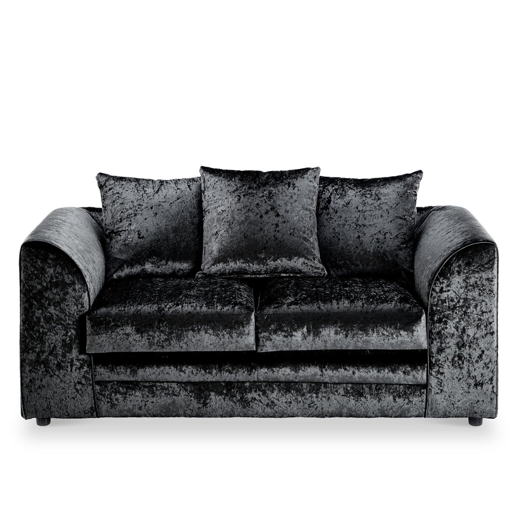 A black velvet sofa with three cushions is centered, isolated against a white background.