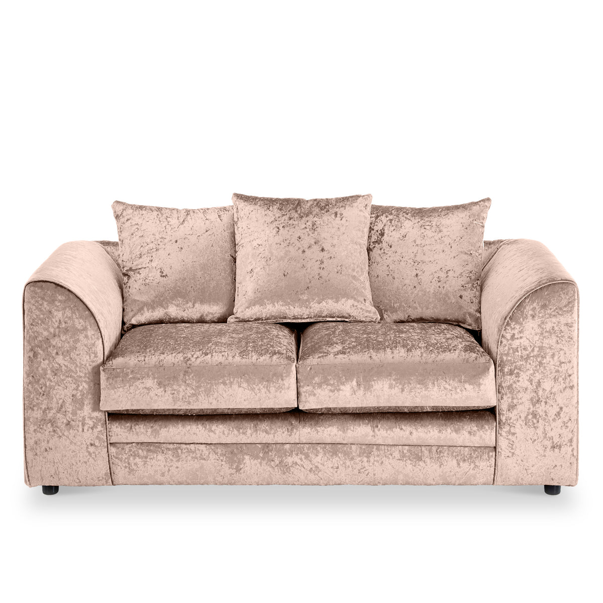 Velvet beige couch with plush cushions against a white background.