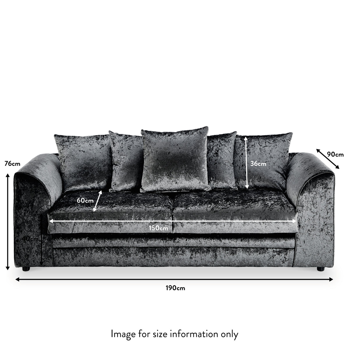 Tamara Black Crushed Velvet 3 Seater Sofa dimensions
