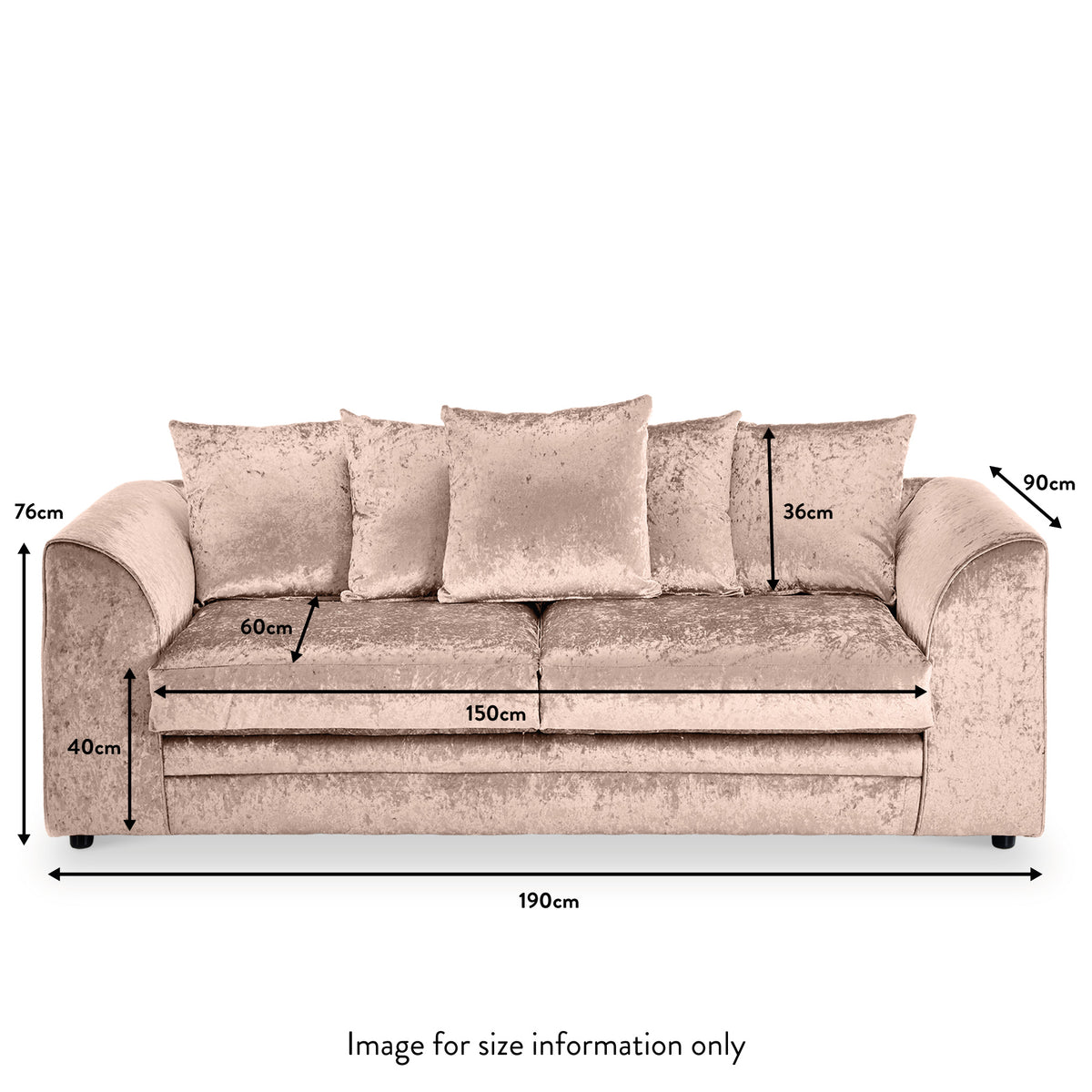 Tamara Mink Crushed Velvet 3 Seater Sofa dimensions