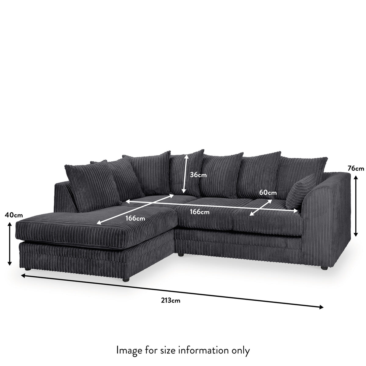 Bletchley Left Hand Black Jumbo Cord Corner Sofa dimensions