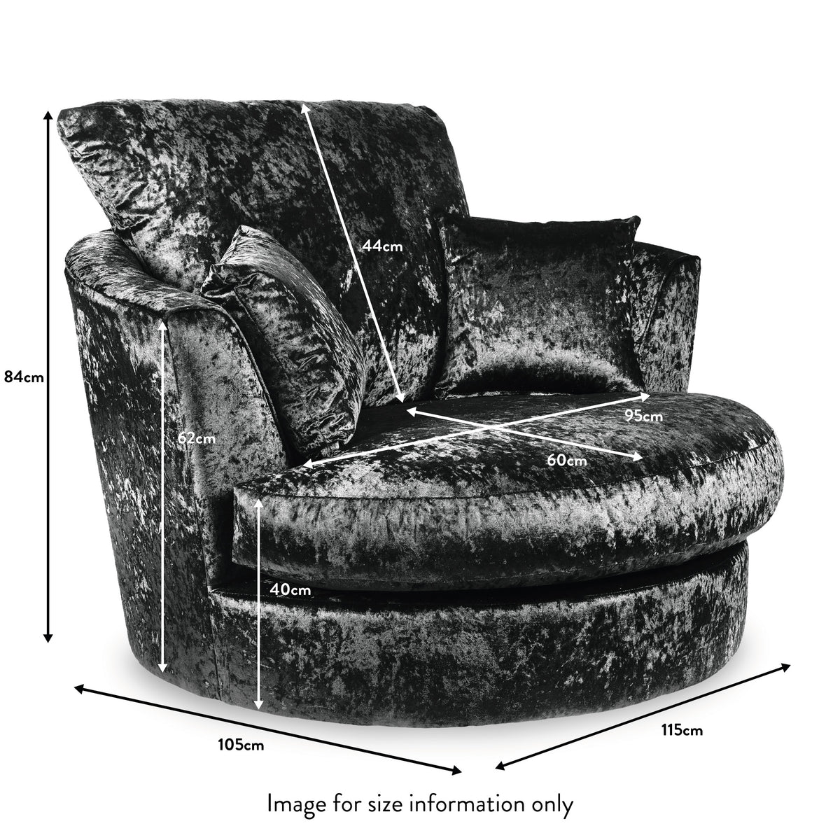 Tamara Black Crushed Velvet Swivel Chair dimensions