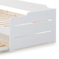 close up of the white painted wooden frame on the Snooze White Wooden Bed with Trundle 